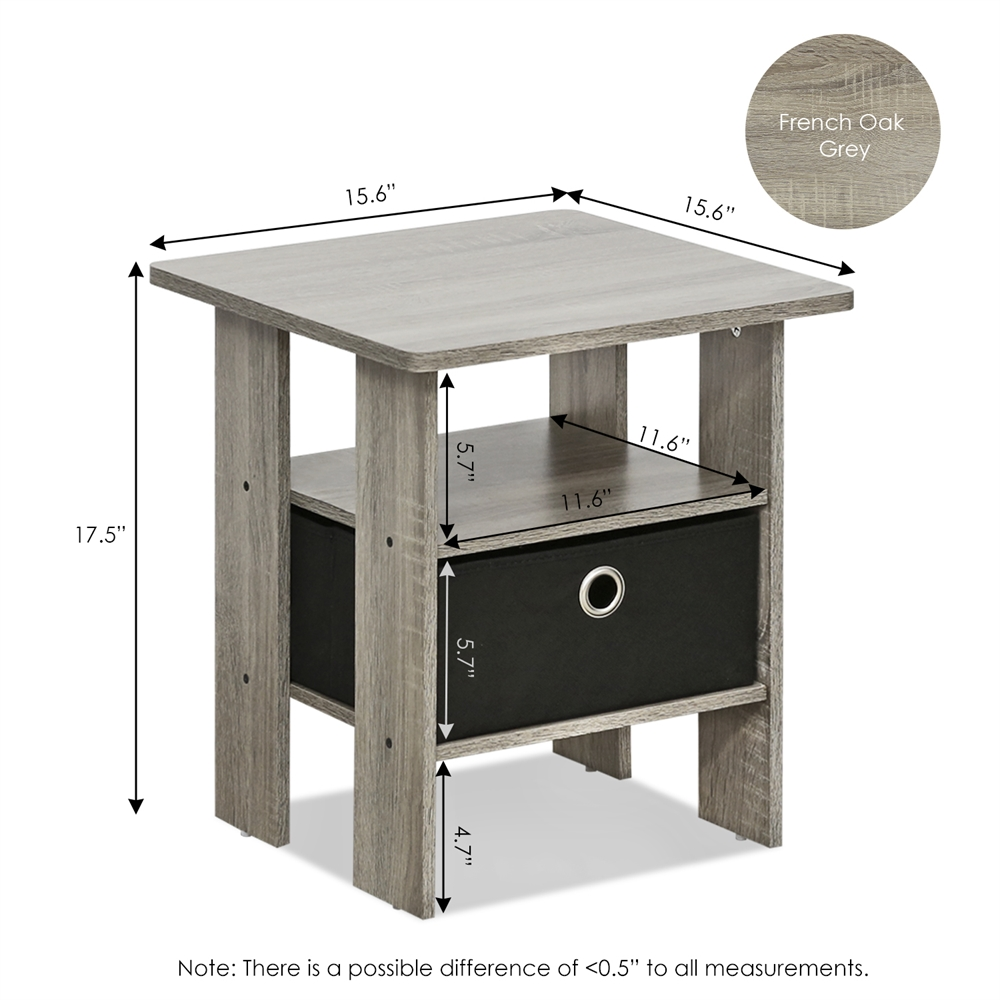 End Table Bedroom Night Stand w/Bin Drawer, French Oak Grey/Black
