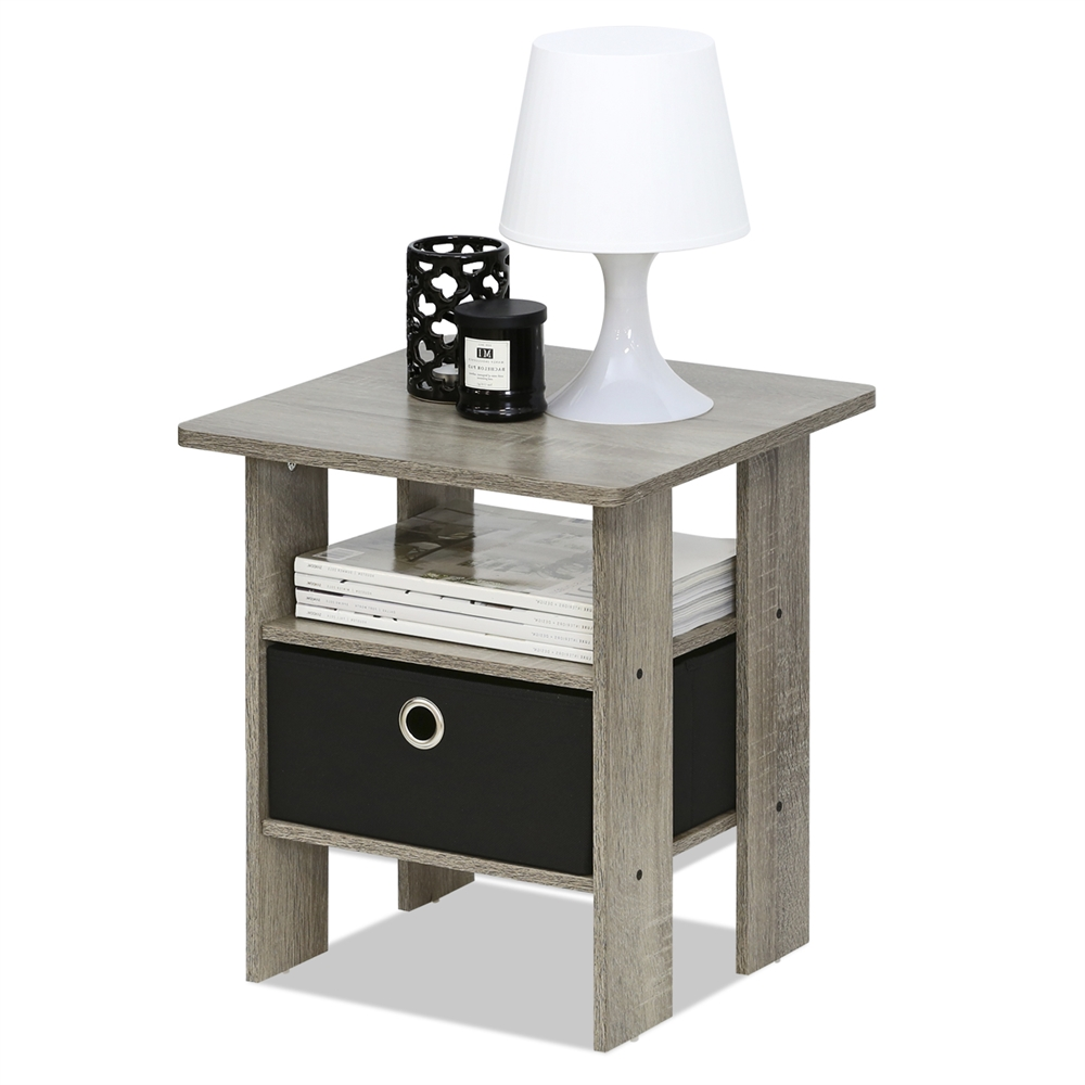 End Table Bedroom Night Stand w/Bin Drawer, French Oak Grey/Black