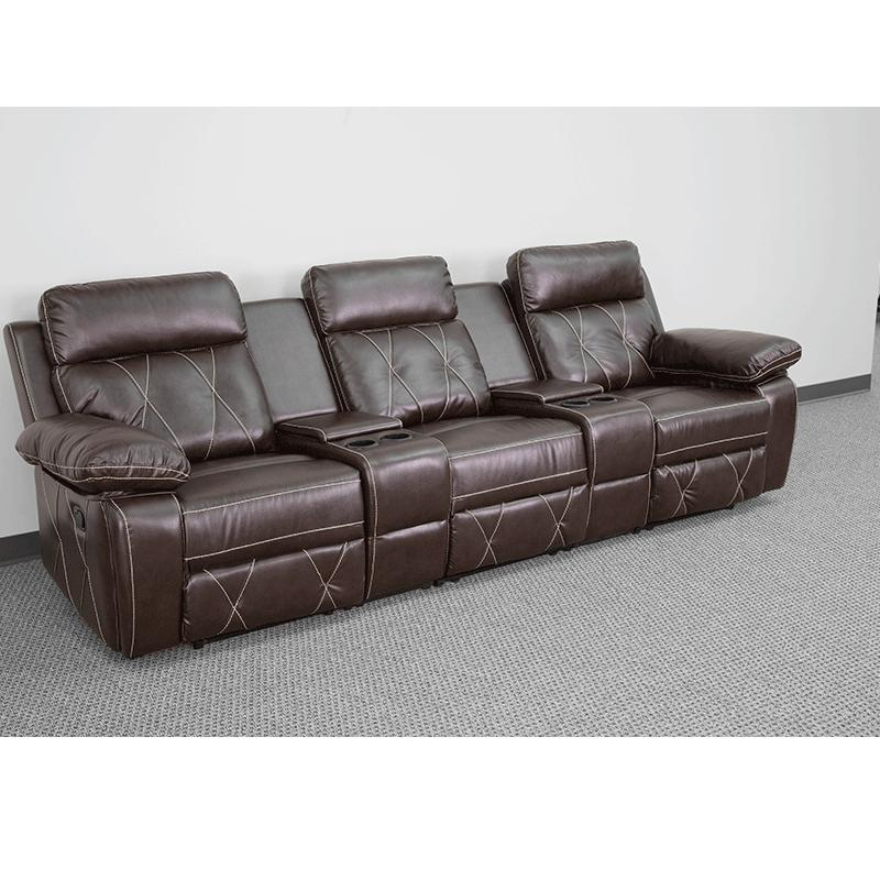 Reel Comfort Series 3-Seat Reclining Brown LeatherSoft Theater Seating Unit with Straight Cup Holders