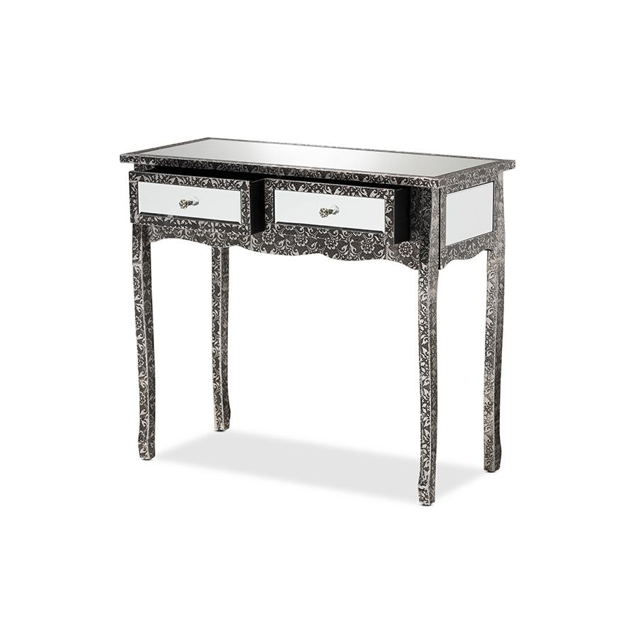 Baxton Studio Wycliff Industrial Glam and Luxe Silver Finished Metal and Mirrored Glass 2-Drawer Console Table