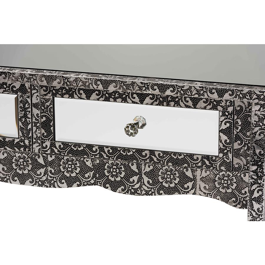 Baxton Studio Wycliff Industrial Glam and Luxe Silver Finished Metal and Mirrored Glass 2-Drawer Console Table