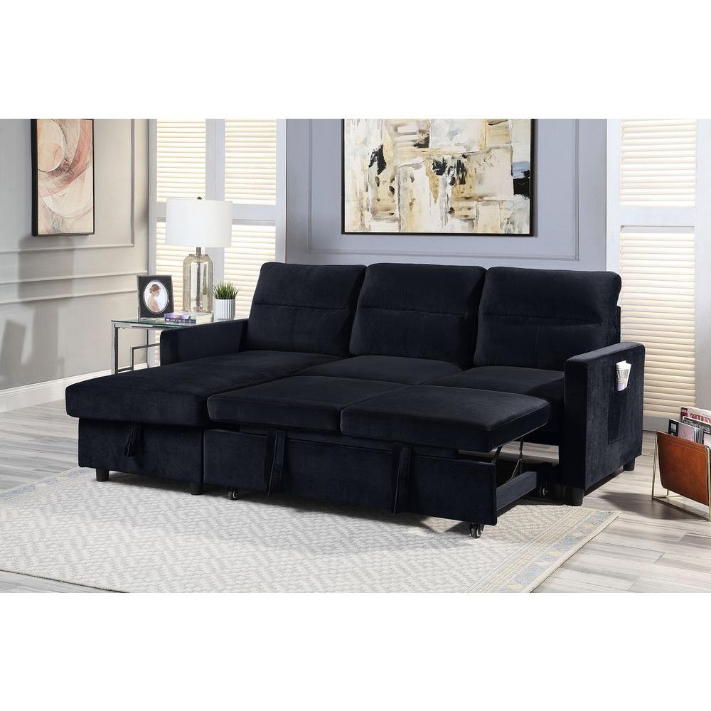 Ivy Black Velvet Reversible Sleeper Sectional Sofa with Storage Chaise and Side Pocket - The Room Store