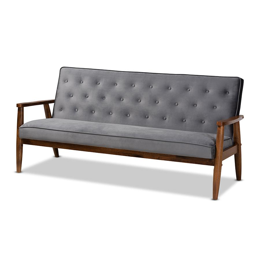 Baxton Studio Sorrento Mid-century Modern Grey Velvet Fabric Upholstered Walnut Finished Wooden 3-seater Sofa