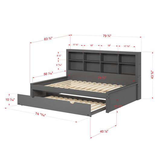 FULL BOOKCASE DAYBED WITH TRUNDLE DARK GREY