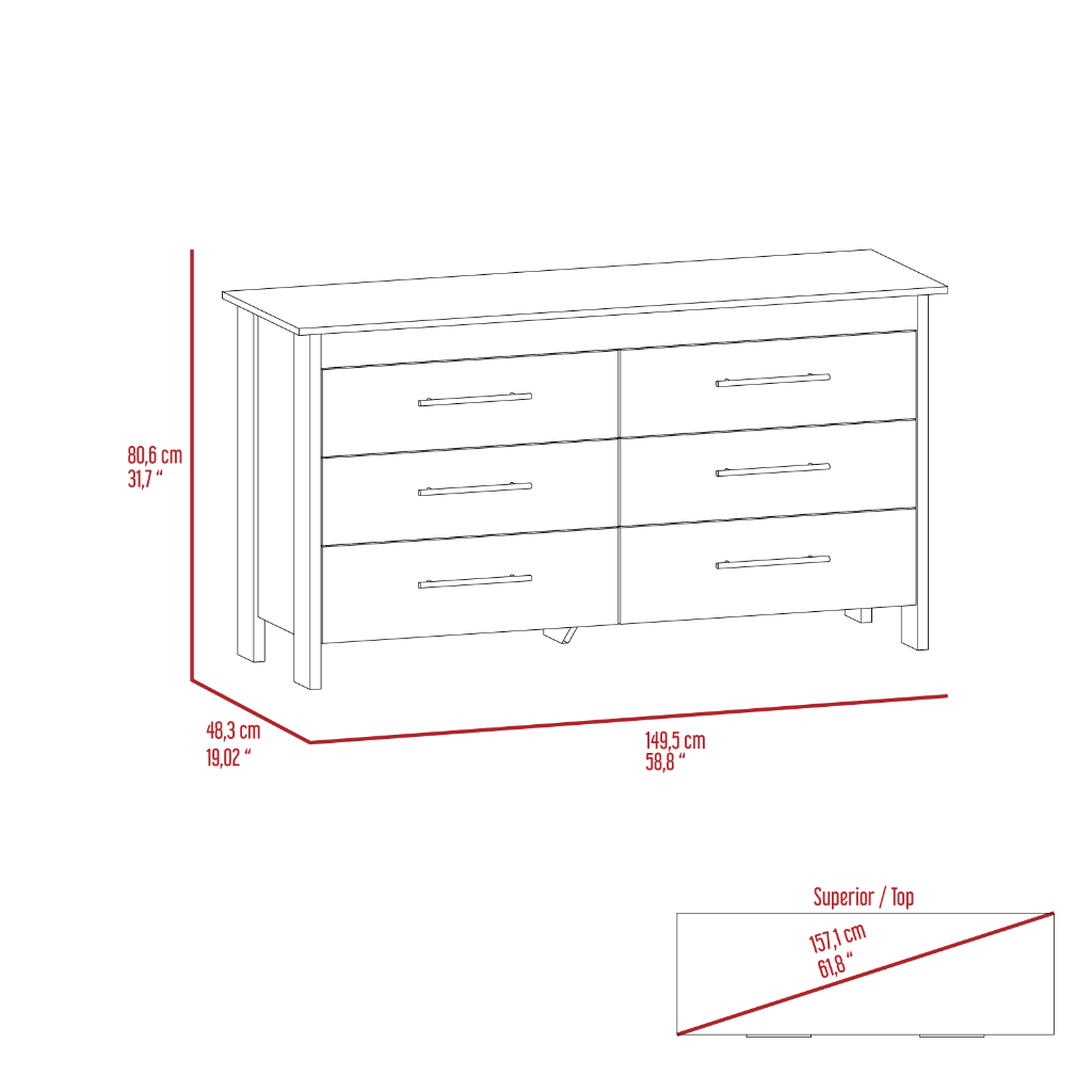 Paris 6 Drawer Double Dresser, Four Legs, Superior Top