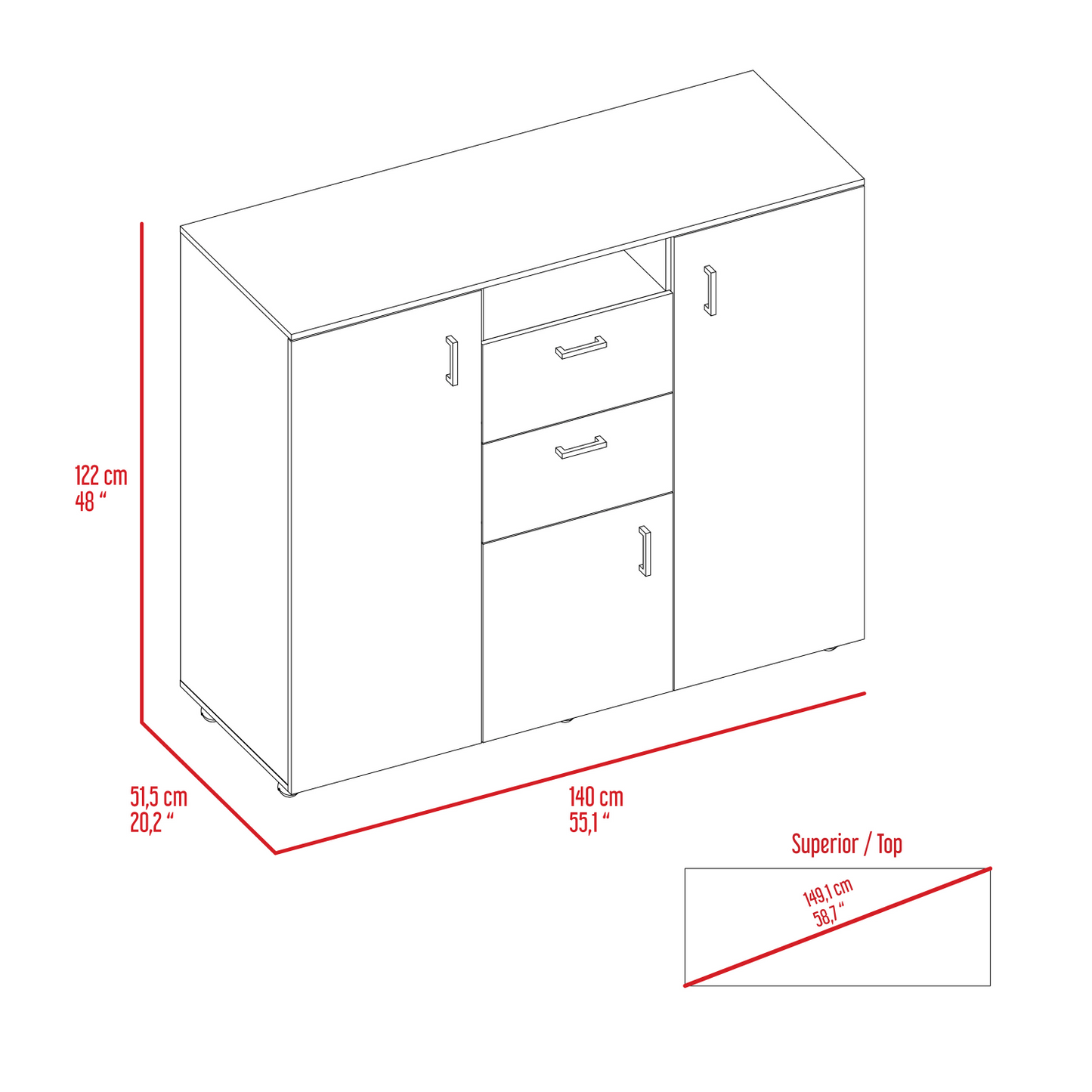 Milano Double Door Cabinet Dresser, Two Drawers, Rod