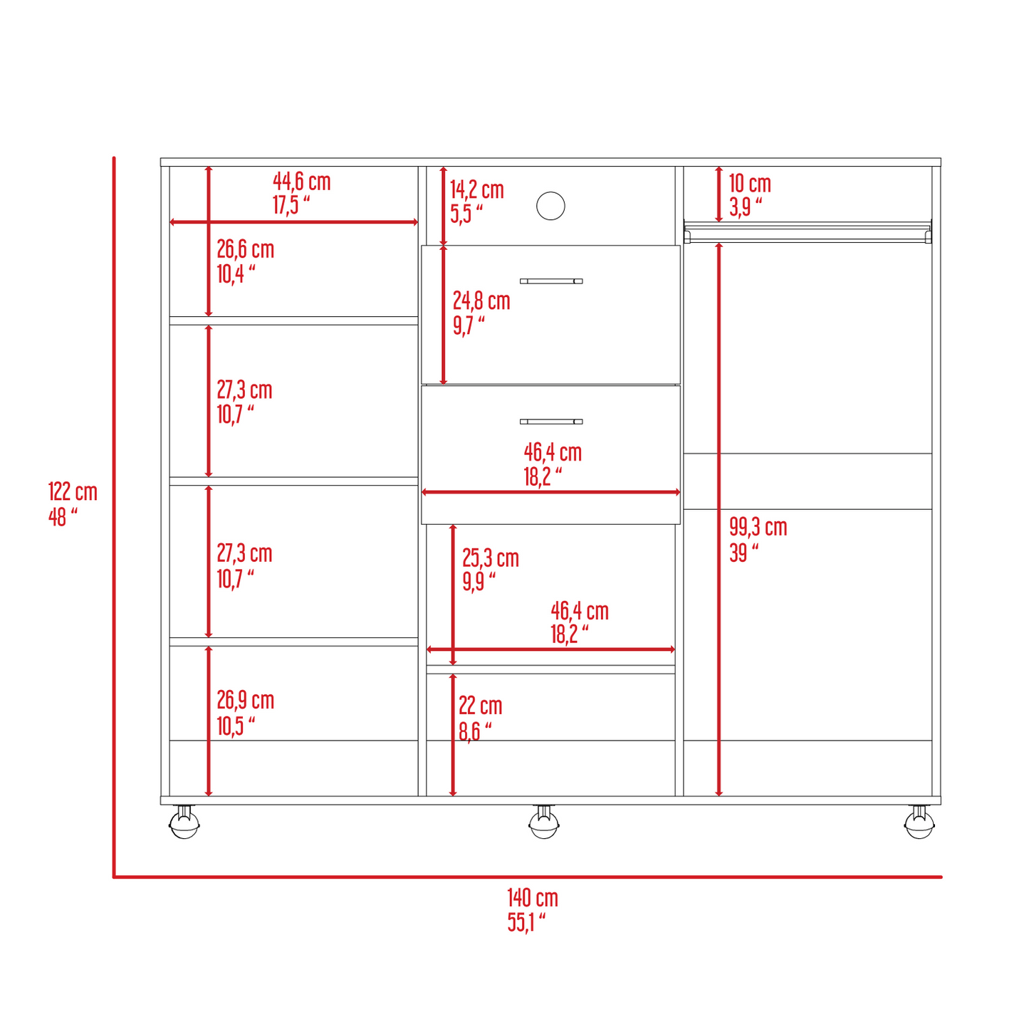 Milano Double Door Cabinet Dresser, Two Drawers, Rod