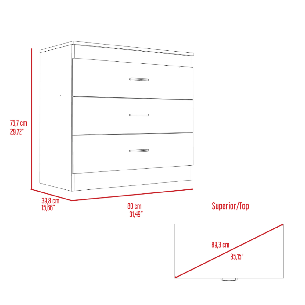 Zurich Three Drawers Dresser, Metal Handle