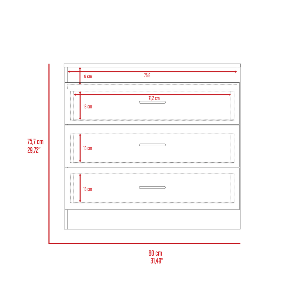 Zurich Three Drawers Dresser, Metal Handle