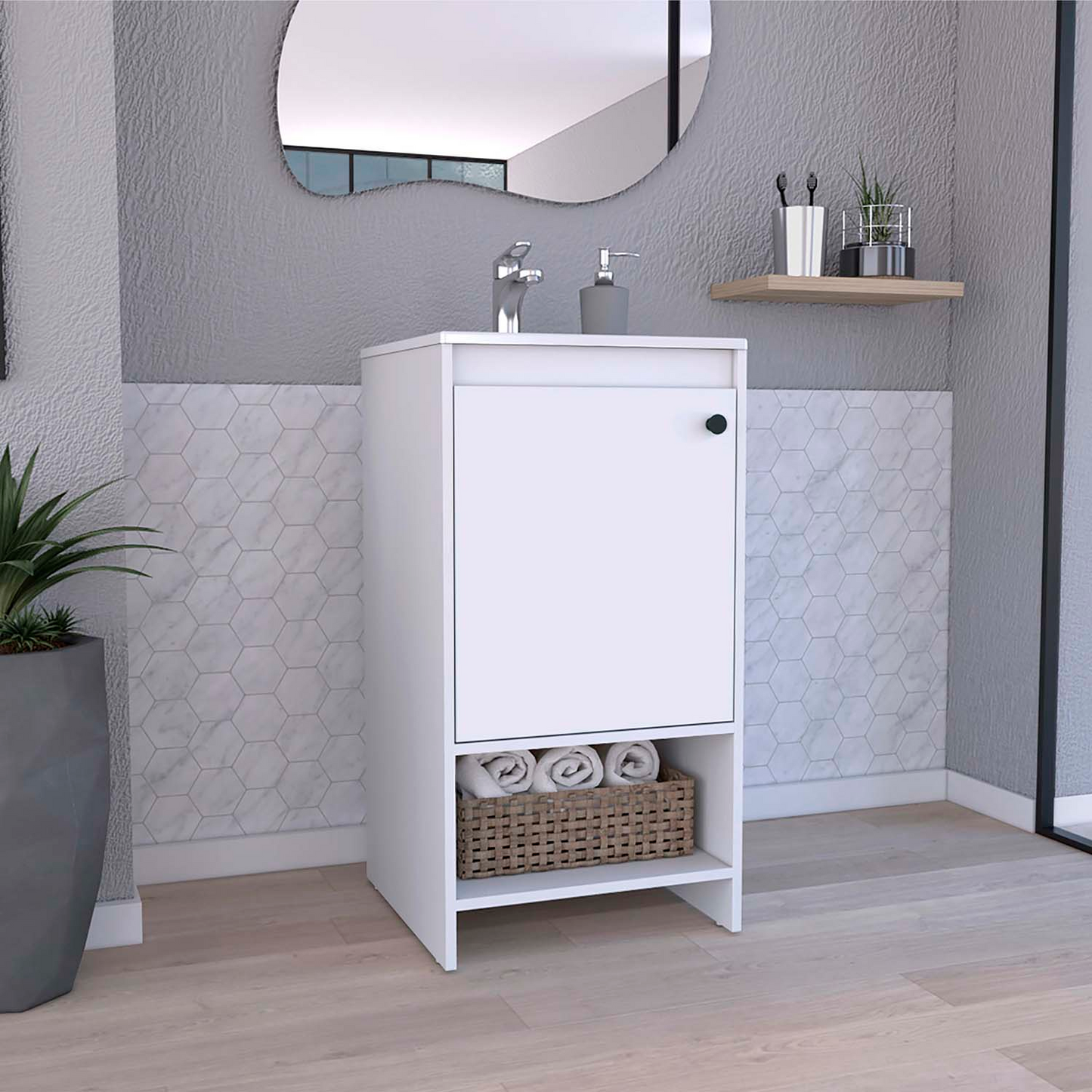 Bravos Bathroom Vanity, Sink, Two Shelves, Single Door Cabinet