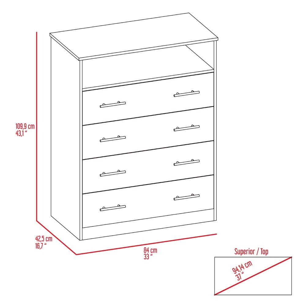 Serbian Four Drawer Dresser, Superior Top, One Open Shelf