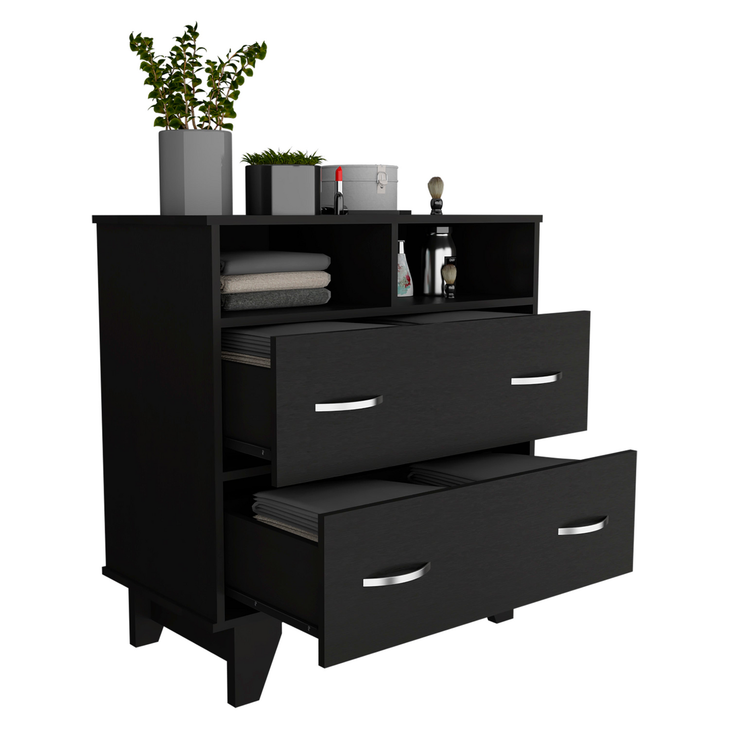 Stamford Double Drawer Dresser, Two Open Shelves, Superior Top