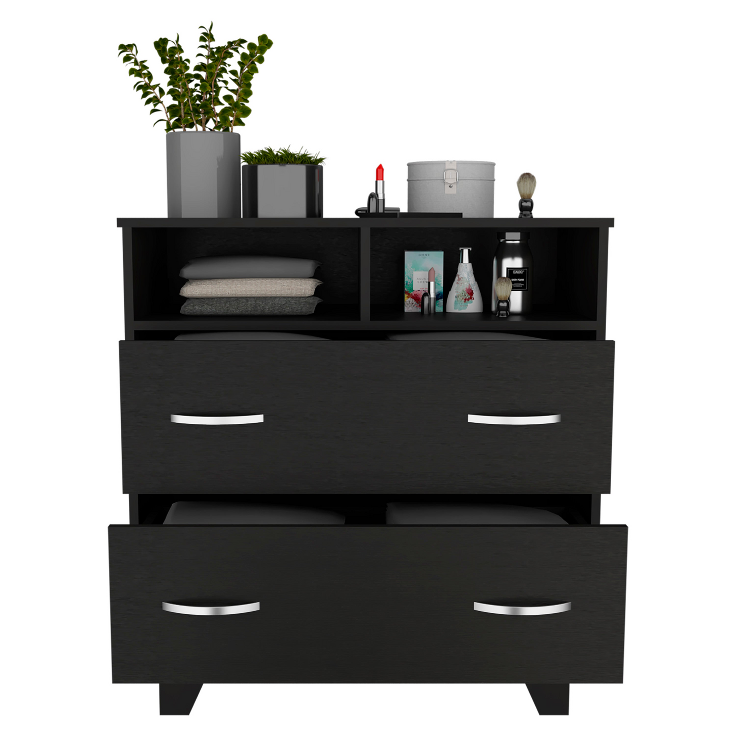 Stamford Double Drawer Dresser, Two Open Shelves, Superior Top