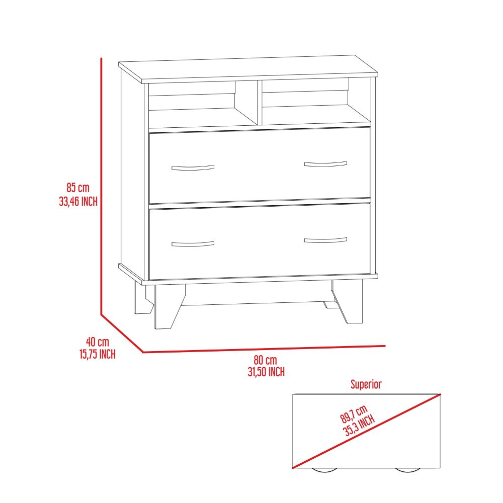 Stamford Double Drawer Dresser, Two Open Shelves, Superior Top