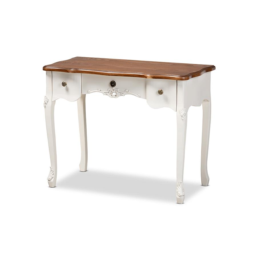 Sophie Classic Traditional French Country White and Brown Finished Small 3-Drawer Wood Console Table