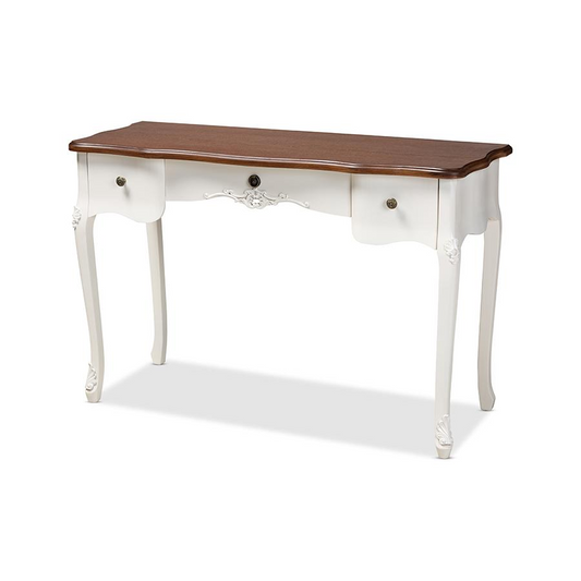 Sophie Classic Traditional French Country White and Brown Finished Large 3-Drawer Wood Console Table