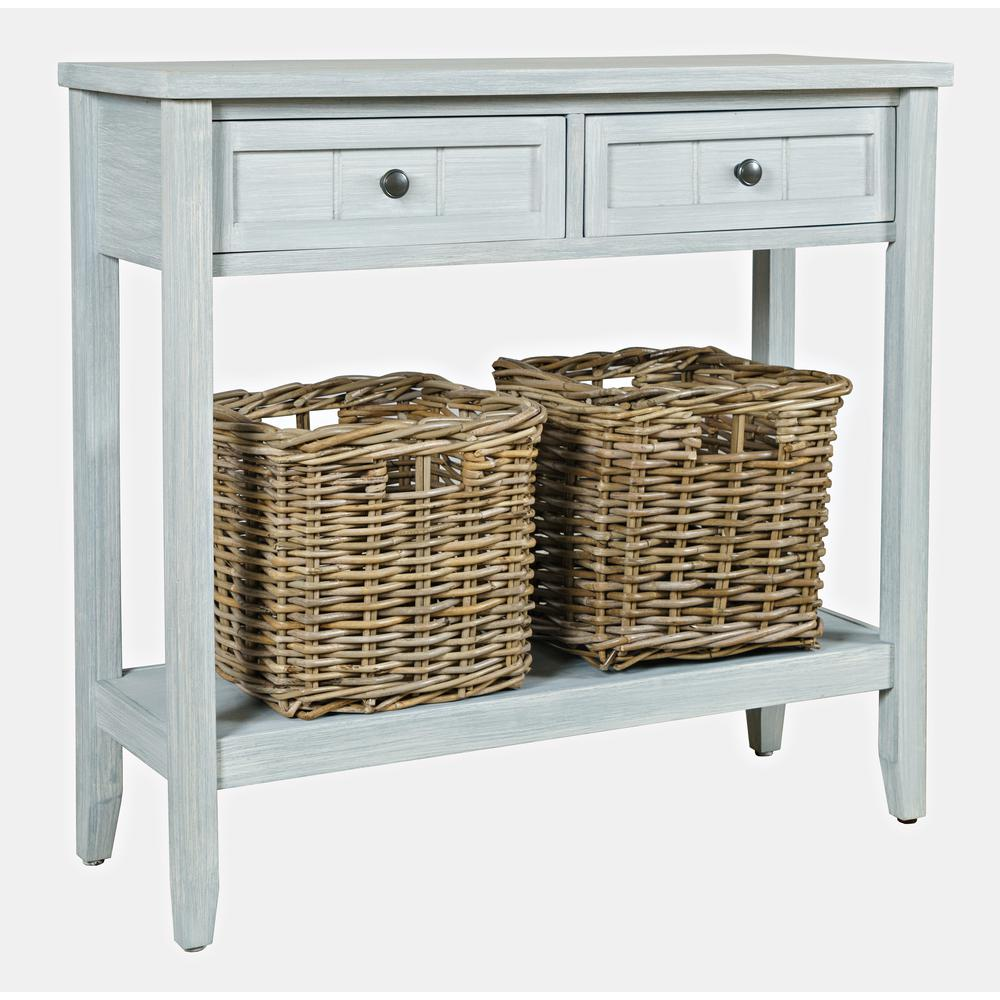 Glen Cove 32" Two Drawer Console Table with Rattan Storage Baskets in Driftwood Grey Wash