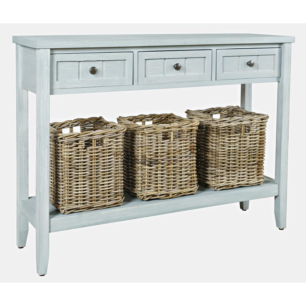 Glen Cove 40" Three Drawer Console Table with Rattan Storage Baskets in Driftwood Grey Wash