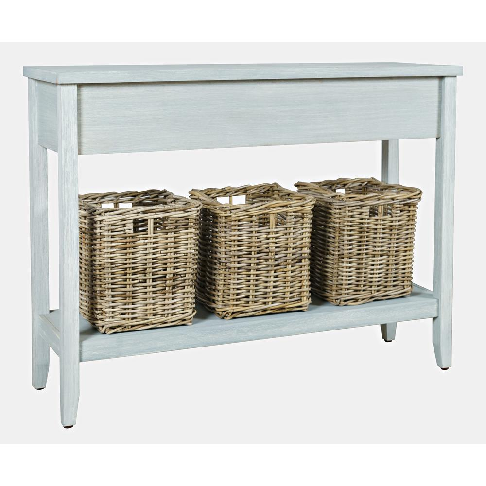 Glen Cove 40" Three Drawer Console Table with Rattan Storage Baskets in Driftwood Grey Wash