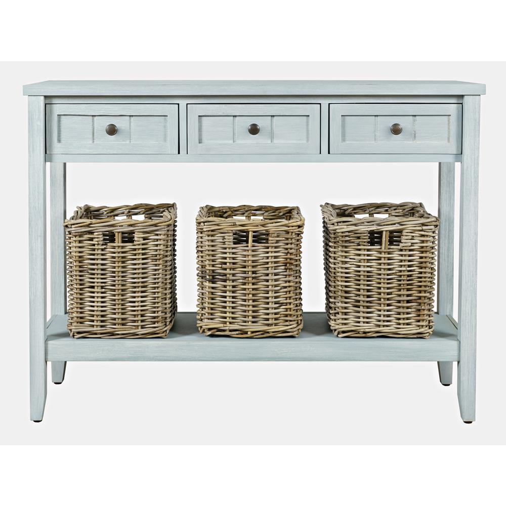 Glen Cove 40" Three Drawer Console Table with Rattan Storage Baskets in Driftwood Grey Wash