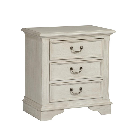 3 Drawer Night Stand, Antique White Finish with Heavy Wire Brush