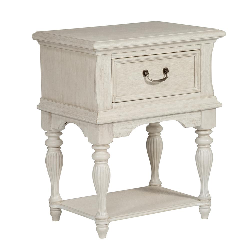 Leg Night Stand, Antique White Finish with Heavy Wire Brush