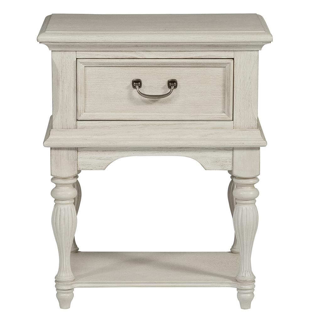 Leg Night Stand, Antique White Finish with Heavy Wire Brush