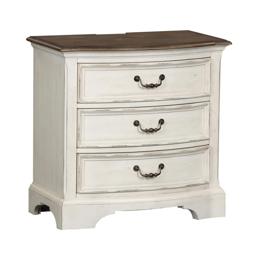 3 Drawer Night Stand, Porcelain White Finish w/ Churchill Brown Tops