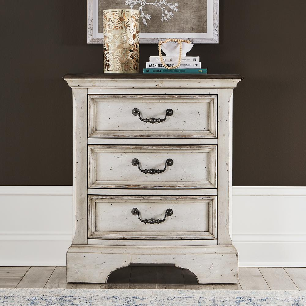 3 Drawer Night Stand, Porcelain White Finish w/ Churchill Brown Tops