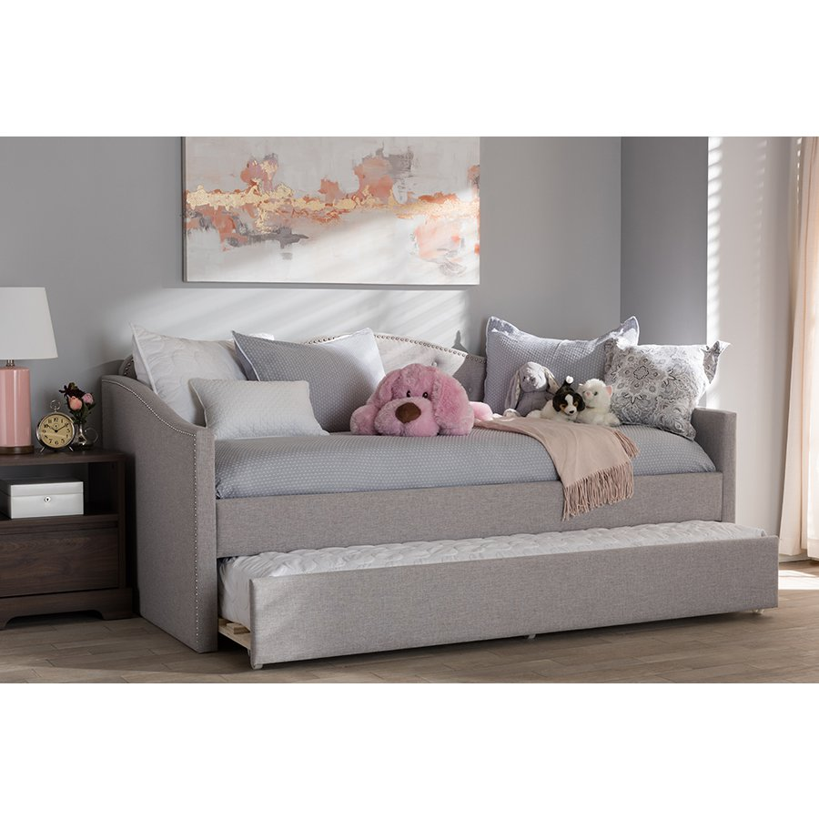 Kaija Modern and Contemporary Greyish Beige Fabric Daybed with Trundle