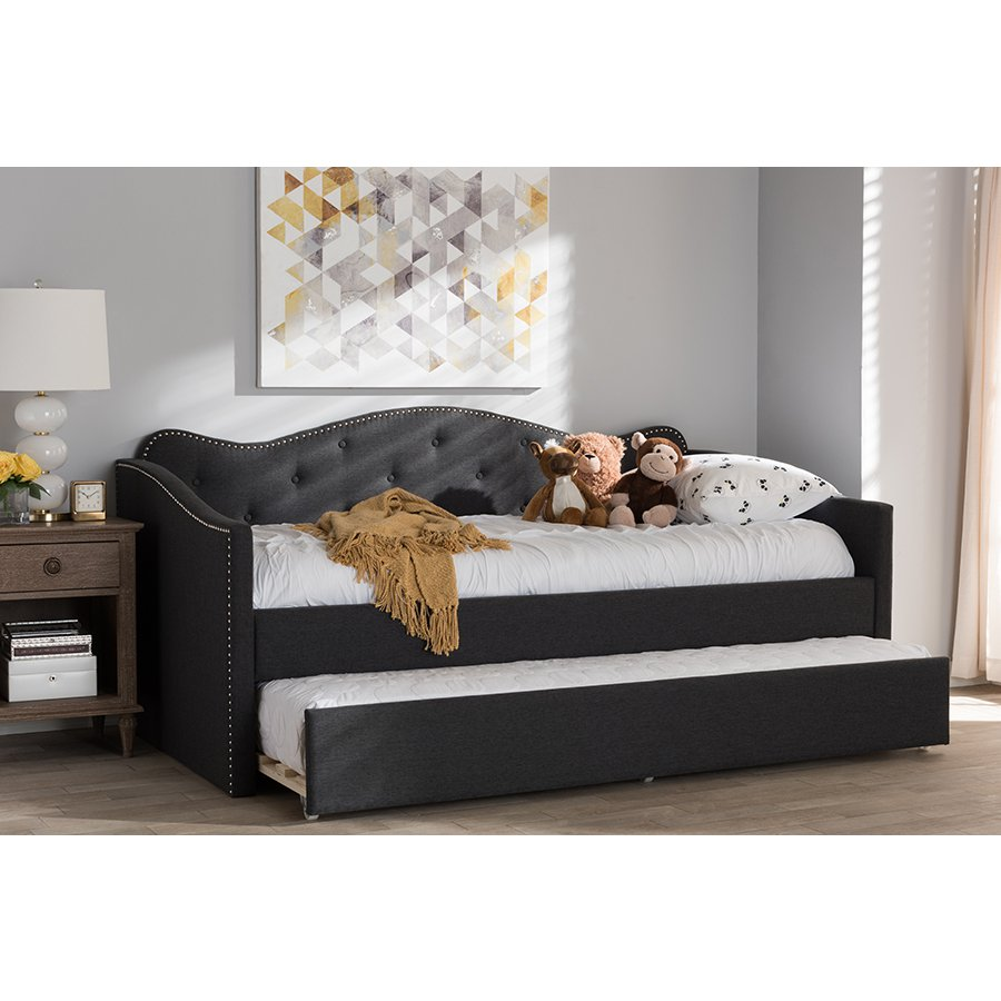 Kaija Modern and Contemporary Dark Grey Fabric Daybed with Trundle