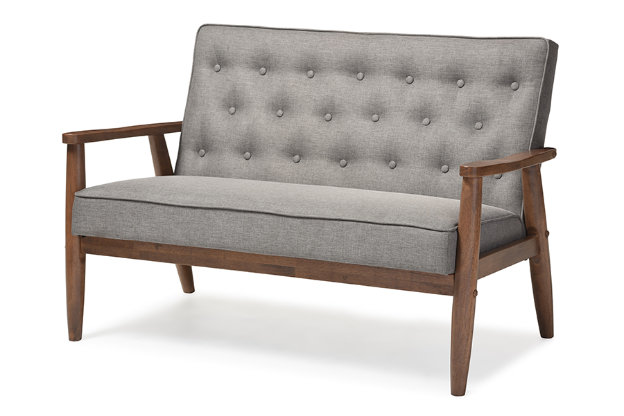 Sorrento Mid-century Retro Modern Grey Fabric Upholstered Wooden 2-seater Loveseat