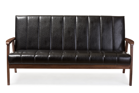 Nikko Mid-century Modern Scandinavian Style Black Faux Leather Wooden 3-Seater Sofa