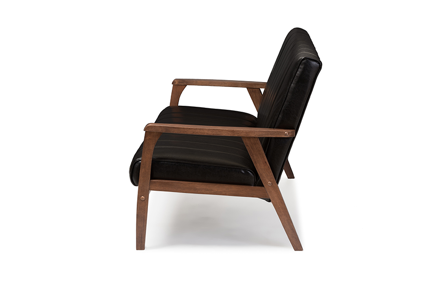 Nikko Mid-century Modern Scandinavian Style Black Faux Leather Wooden 3-Seater Sofa