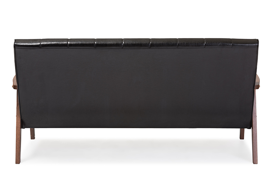 Nikko Mid-century Modern Scandinavian Style Black Faux Leather Wooden 3-Seater Sofa