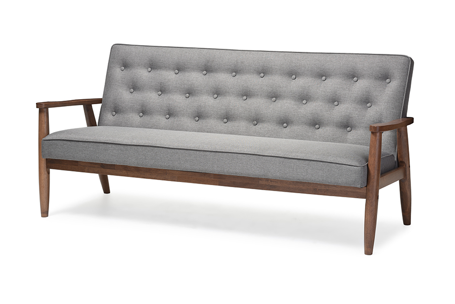 Sorrento Mid-century Retro Modern Grey Fabric Upholstered Wooden 3-seater Sofa