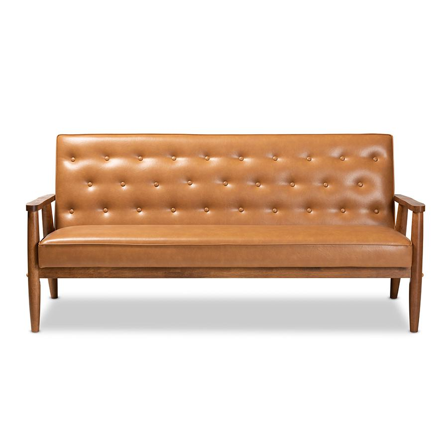 Sorrento Mid-Century Modern Tan Faux Leather Upholstered and Walnut Brown Finished Wood Sofa