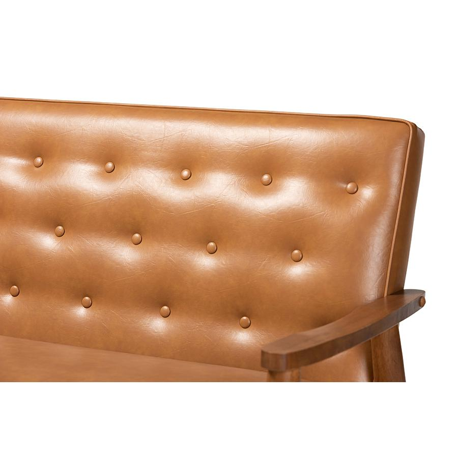 Sorrento Mid-Century Modern Tan Faux Leather Upholstered and Walnut Brown Finished Wood Sofa