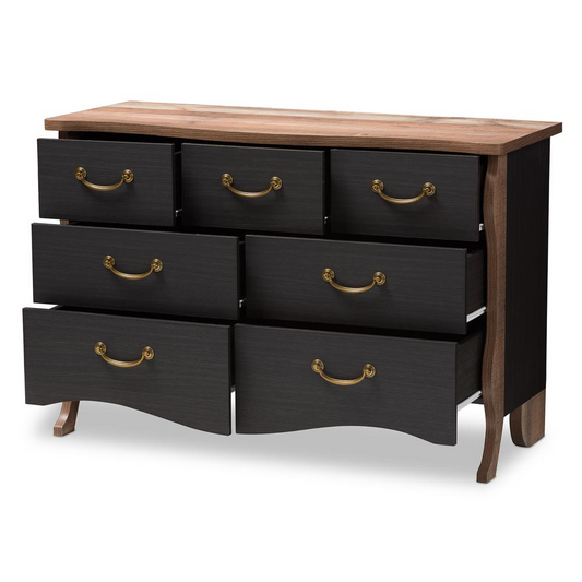 Romilly Country Cottage Farmhouse Black and Oak-Finished Wood 7-Drawer Dresser