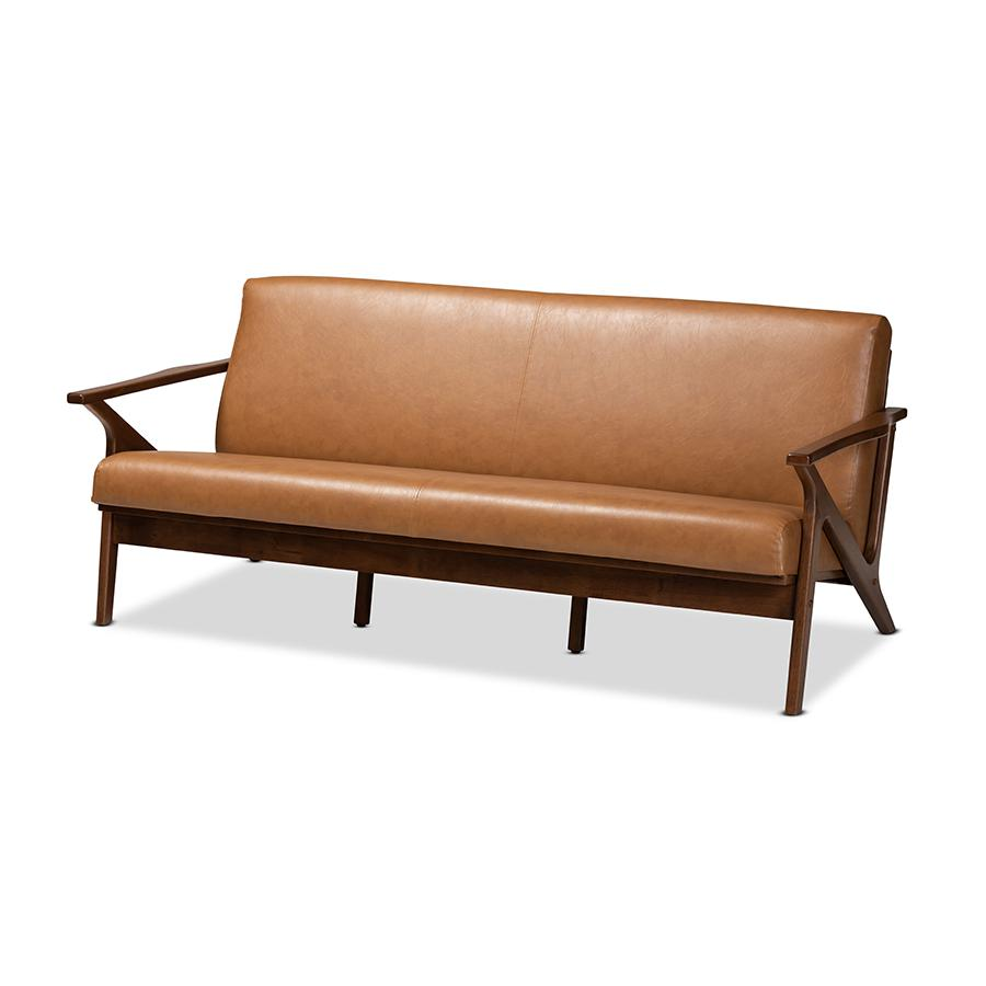 Baxton Studio Bianca Mid-Century Modern Walnut Brown Finished Wood and Tan Faux Leather Effect Sofa
