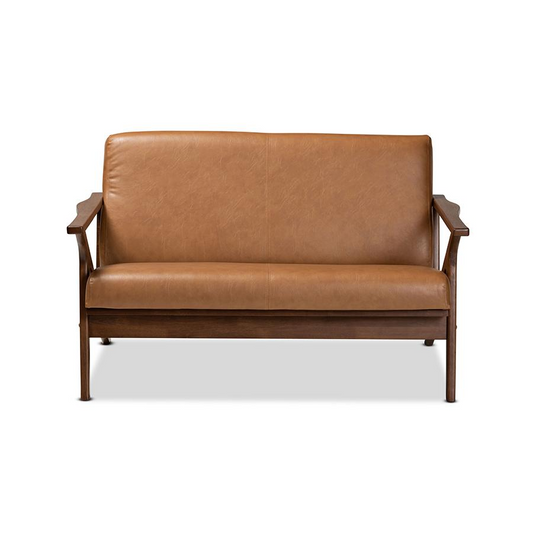 Baxton Studio Bianca Mid-Century Modern Walnut Brown Finished Wood and Tan Faux Leather Effect Loveseat