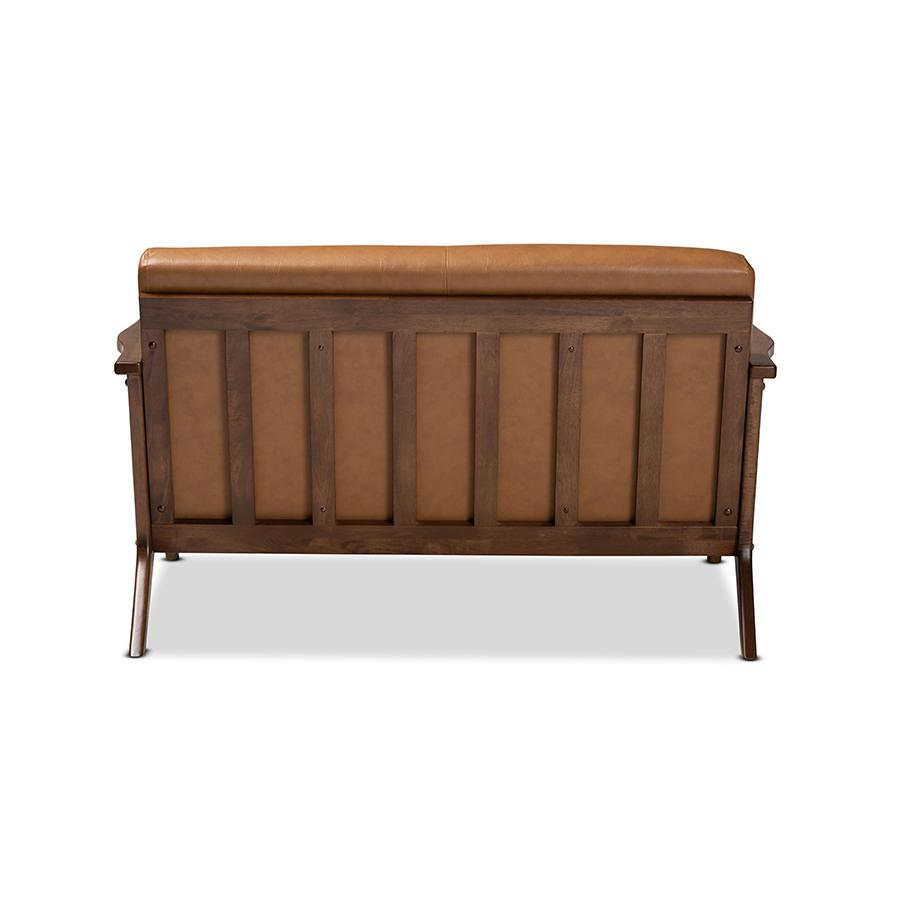 Baxton Studio Bianca Mid-Century Modern Walnut Brown Finished Wood and Tan Faux Leather Effect Loveseat