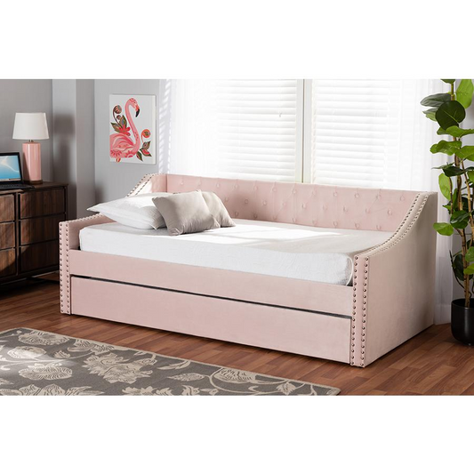 Baxton Studio Raphael Modern and Contemporary Pink Velvet Fabric Upholstered Twin Size Daybed with Trundle