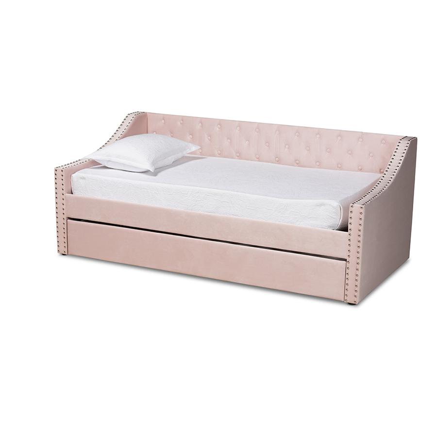 Baxton Studio Raphael Modern and Contemporary Pink Velvet Fabric Upholstered Twin Size Daybed with Trundle