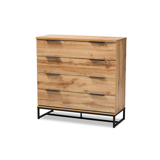 Reid Modern and Contemporary Industrial Oak Finished Wood and Black Metal 4-Drawer Dresser