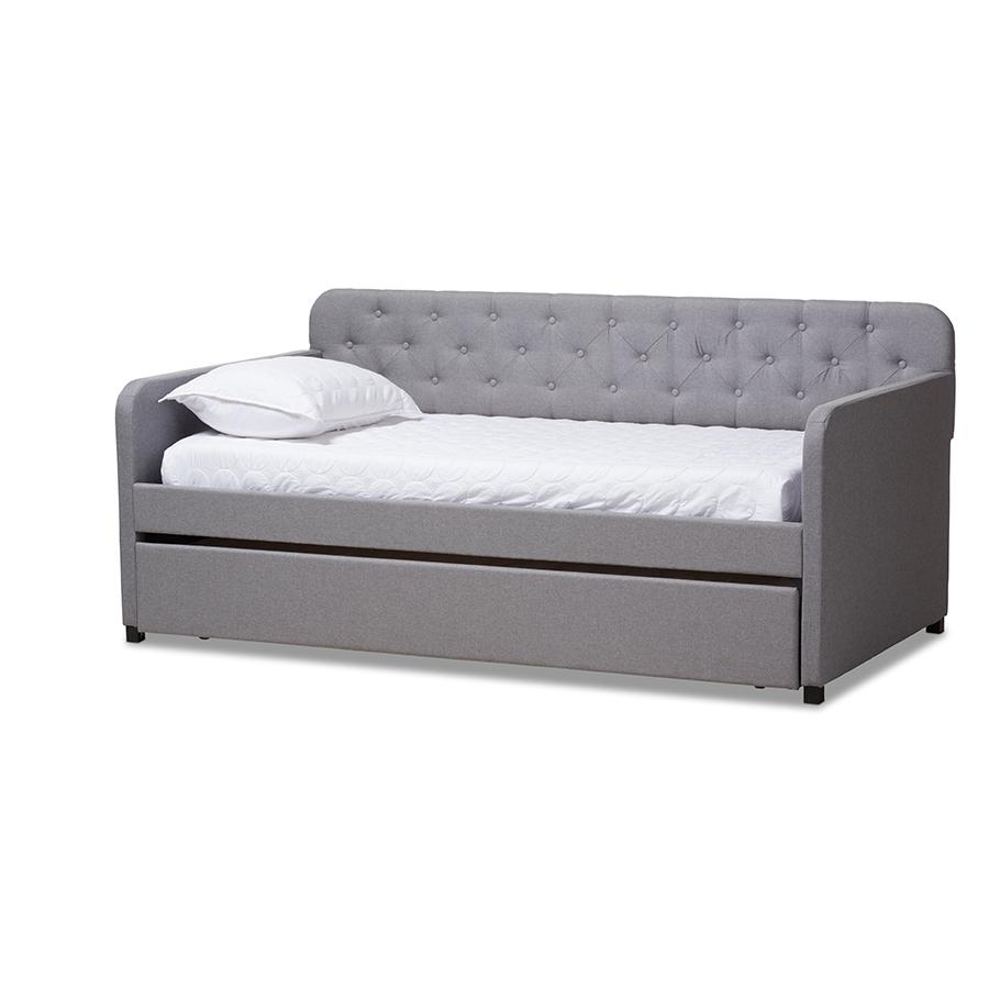 Camelia Modern and Contemporary Grey Fabric Upholstered Button-Tufted Twin Size Sofa Daybed with Roll-Out Trundle Guest Bed