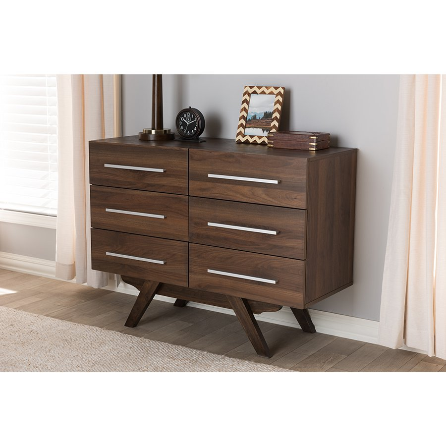 Auburn Mid-Century Modern Walnut Brown Finished Wood 6-Drawer Dresser