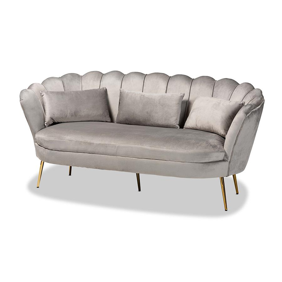 Baxton Studio Genia Contemporary Glam and Luxe Grey Velvet Fabric Upholstered and Gold Metal Sofa