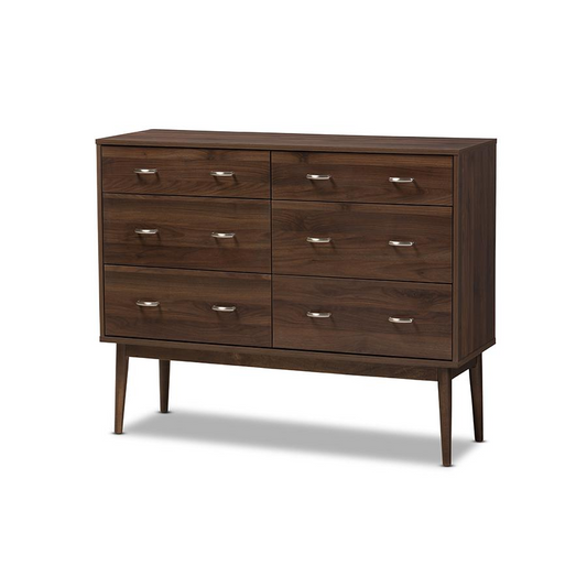 Disa Mid-Century Modern Walnut Brown Finished 6-Drawer Dresser