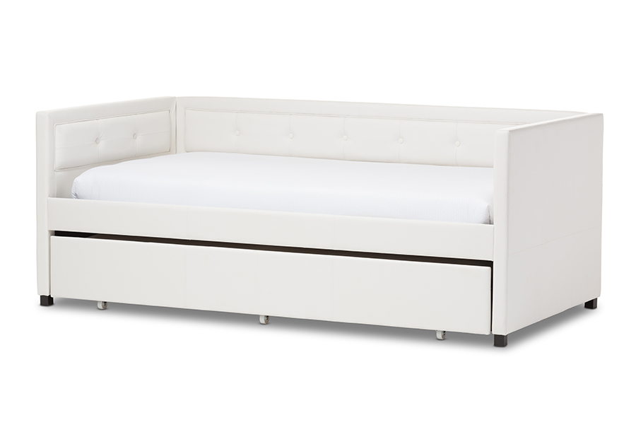 Frank White Button-Tufting Sofa Twin Daybed with Roll-Out Trundle Guest Bed